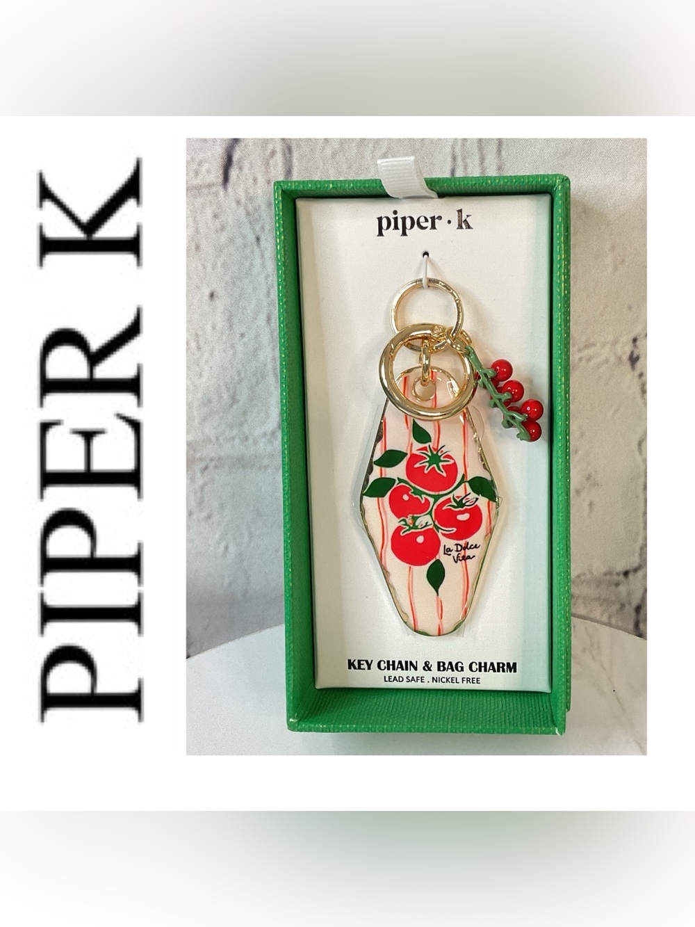 🌟🌟 Piper Tomato Print Key Chain & Bag Charm with Gold Hardware